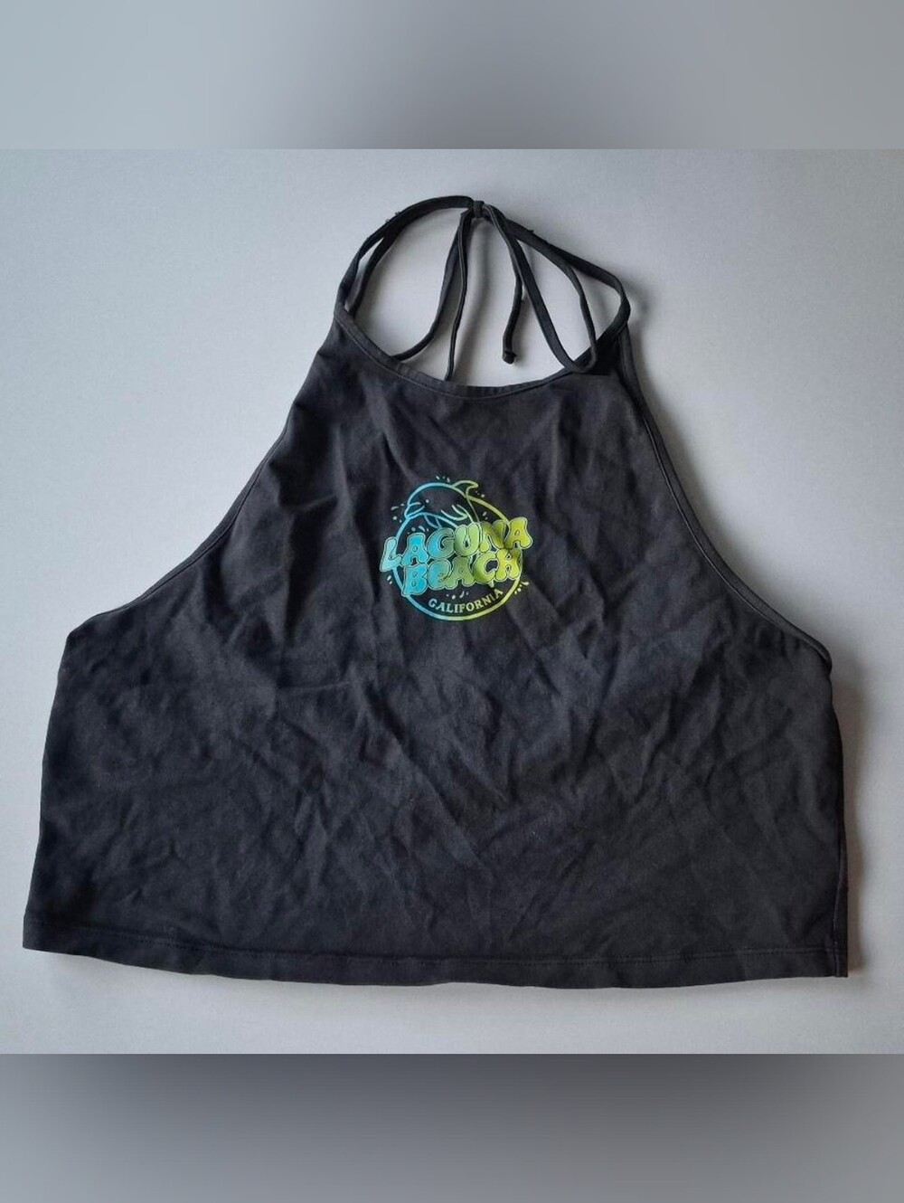 H&M Charcoal Crop Halter Tank with Teal-Green Gradient Logo